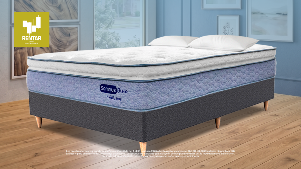 COMBO RENTAR SOMNUS BLUE PREMIUM + SOMIER + ALMOHADA + PROTECTOR